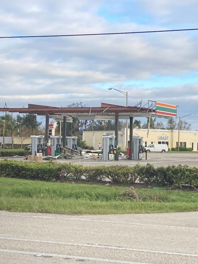 The 7_Eleven at the intersection of Del Prado and Pine Island Blvd. suffered severe damage from Hurricane Ian